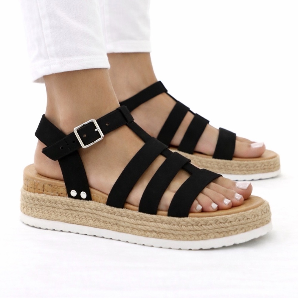 Soda Black Strappy Espadrille Sandals